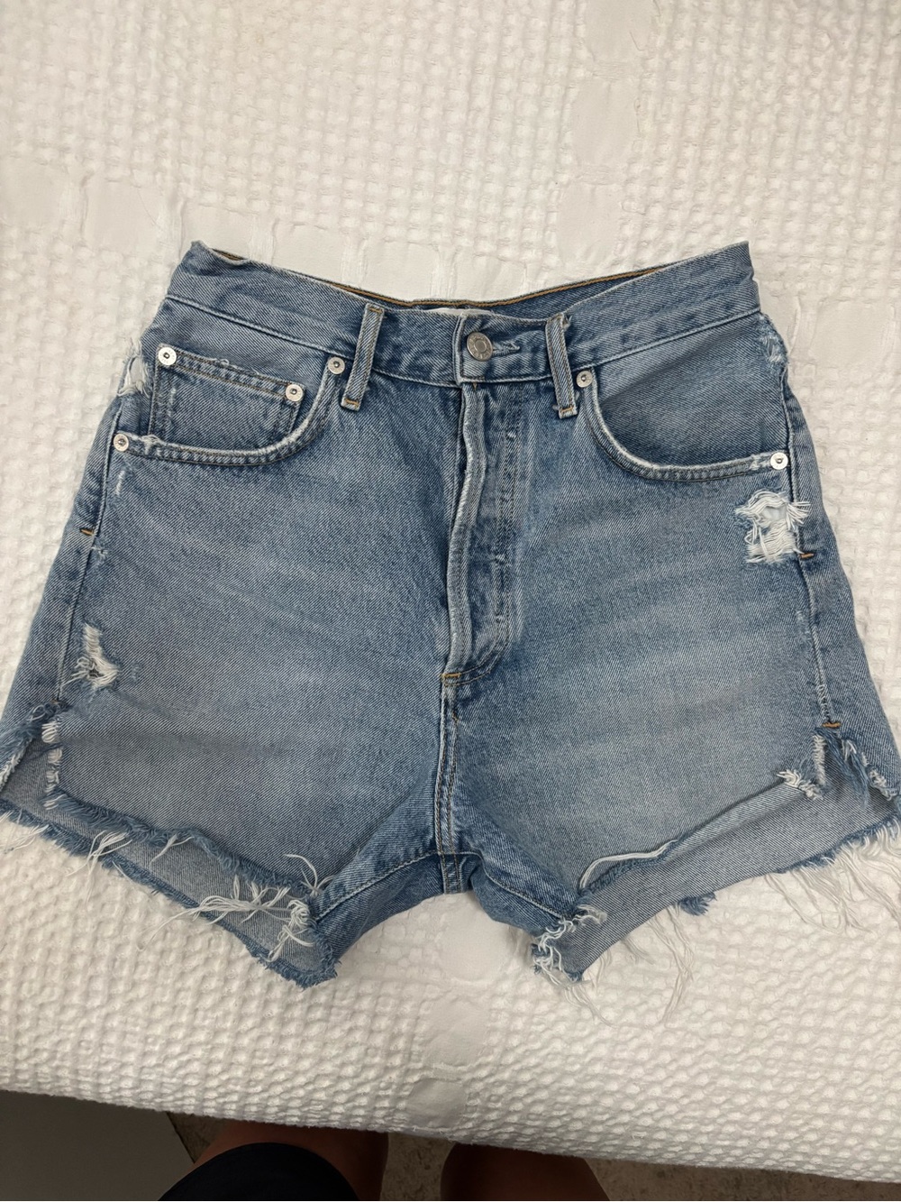 Agolde Dee Light Blue Distressed Denim Shorts